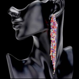 Multi-Colored Rhinestone Long Drop Evening Earrings